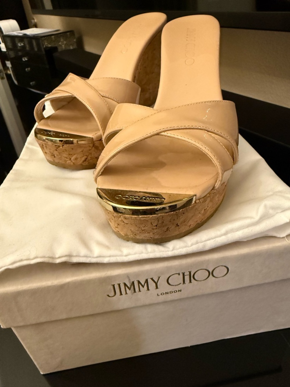 Jimmy Choo Beige Patent Leather Cork Wedge Sandals